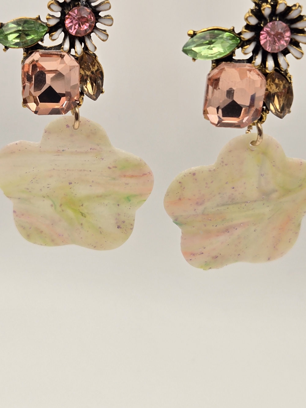 #B452- Pink Floral Statement Drop Earrings with Green and Gold Accents - Picture 4 of 4